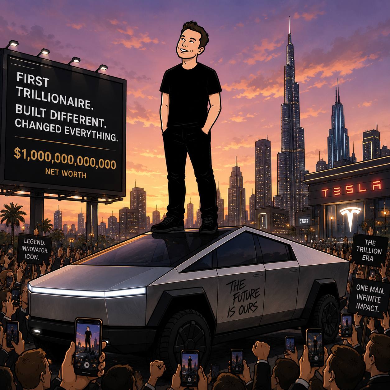Elun Mesk atop a Cybertruck before the skyline